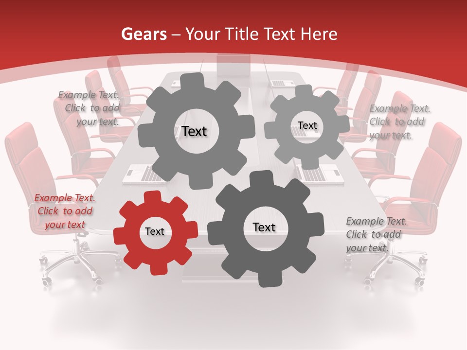 A Conference Table With Red Chairs And A Laptop PowerPoint Template
