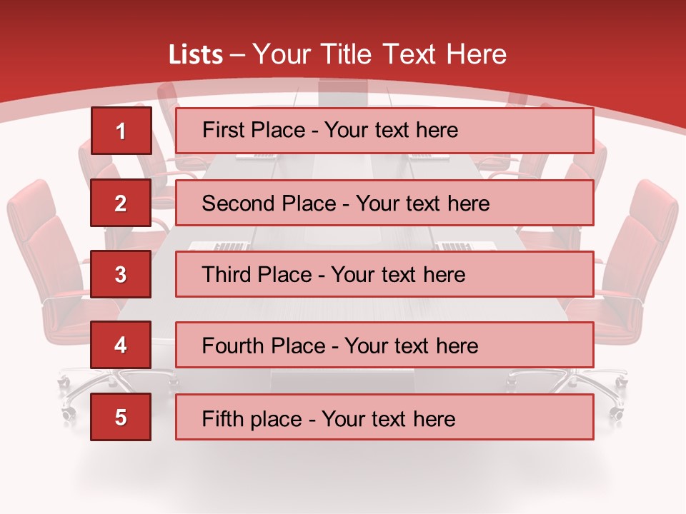 A Conference Table With Red Chairs And A Laptop PowerPoint Template