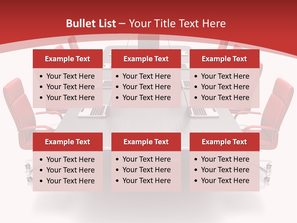 A Conference Table With Red Chairs And A Laptop PowerPoint Template