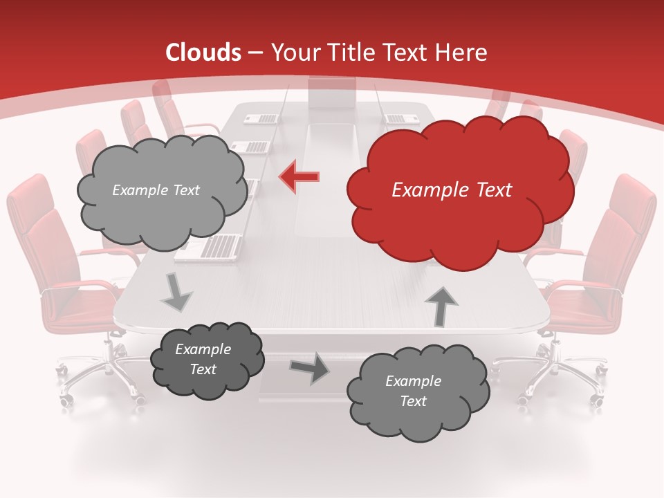 A Conference Table With Red Chairs And A Laptop PowerPoint Template