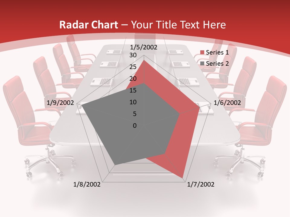 A Conference Table With Red Chairs And A Laptop PowerPoint Template