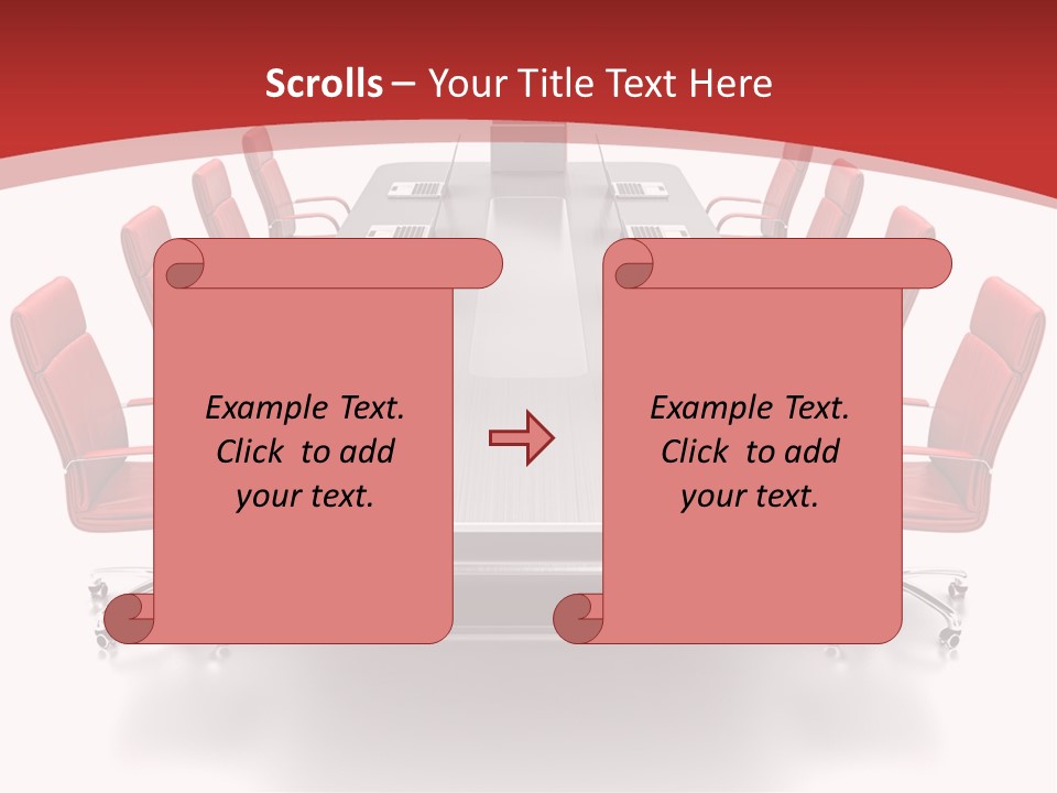A Conference Table With Red Chairs And A Laptop PowerPoint Template