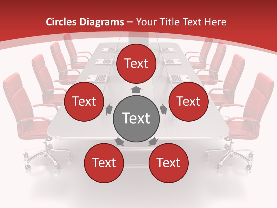 A Conference Table With Red Chairs And A Laptop PowerPoint Template
