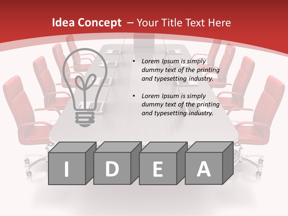 A Conference Table With Red Chairs And A Laptop PowerPoint Template