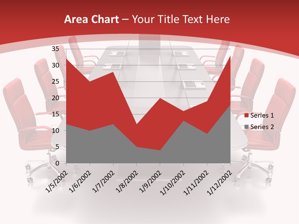 A Conference Table With Red Chairs And A Laptop PowerPoint Template