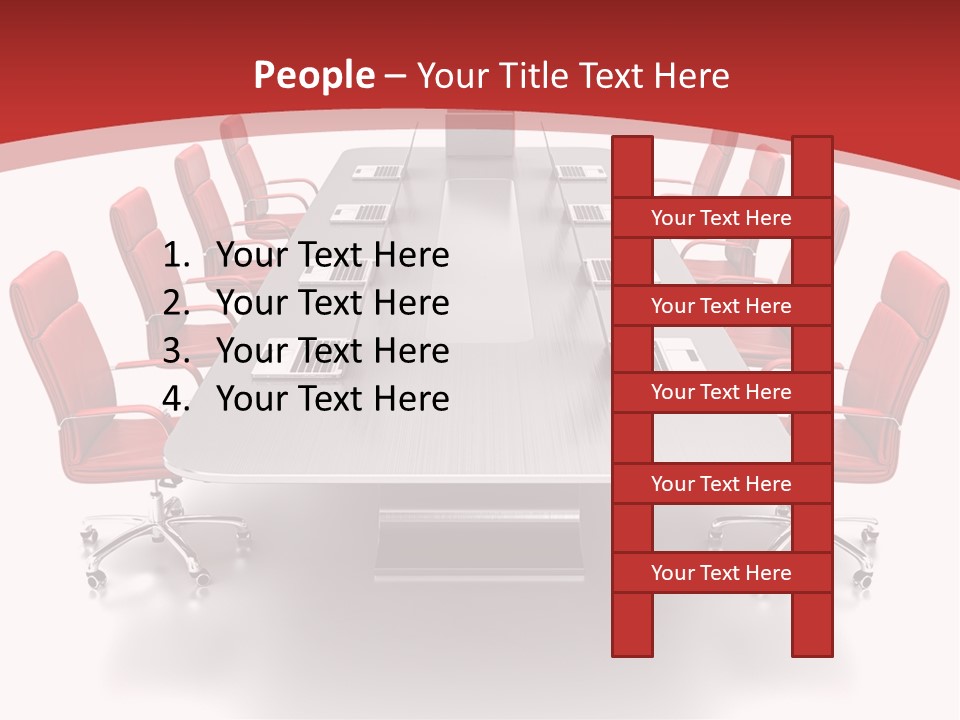 A Conference Table With Red Chairs And A Laptop PowerPoint Template