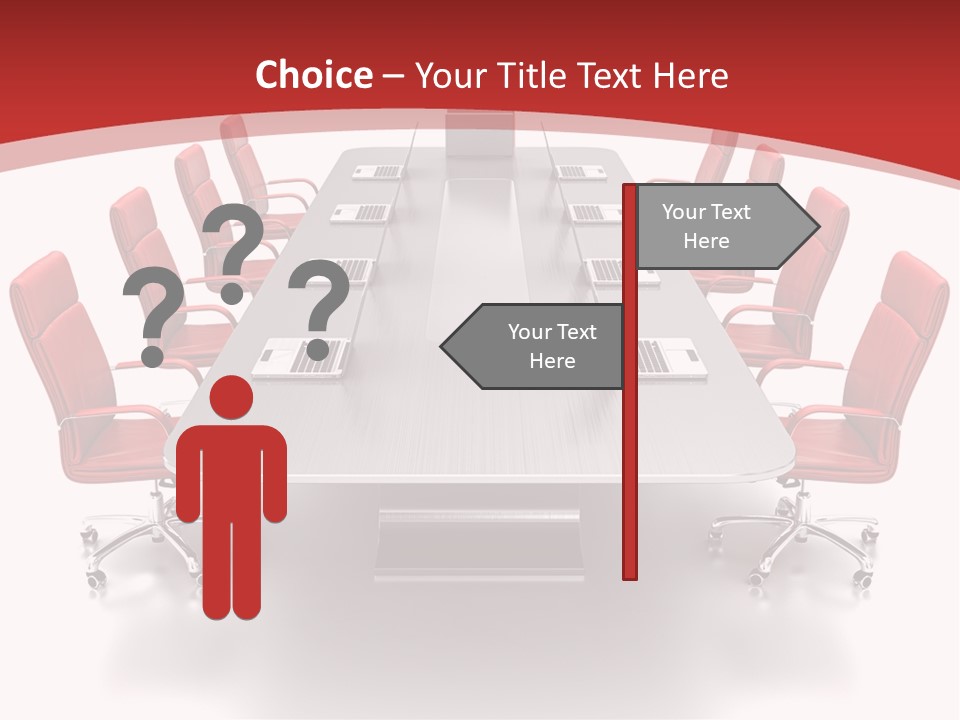 A Conference Table With Red Chairs And A Laptop PowerPoint Template