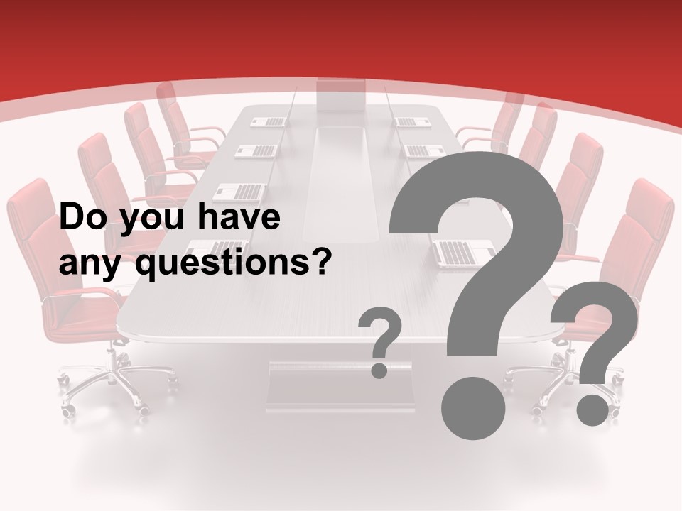 A Conference Table With Red Chairs And A Laptop PowerPoint Template