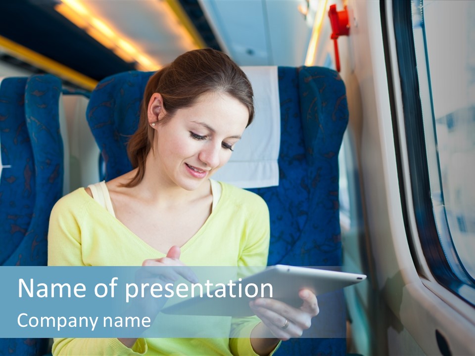 A Woman On A Train Looking At A Tablet PowerPoint Template
