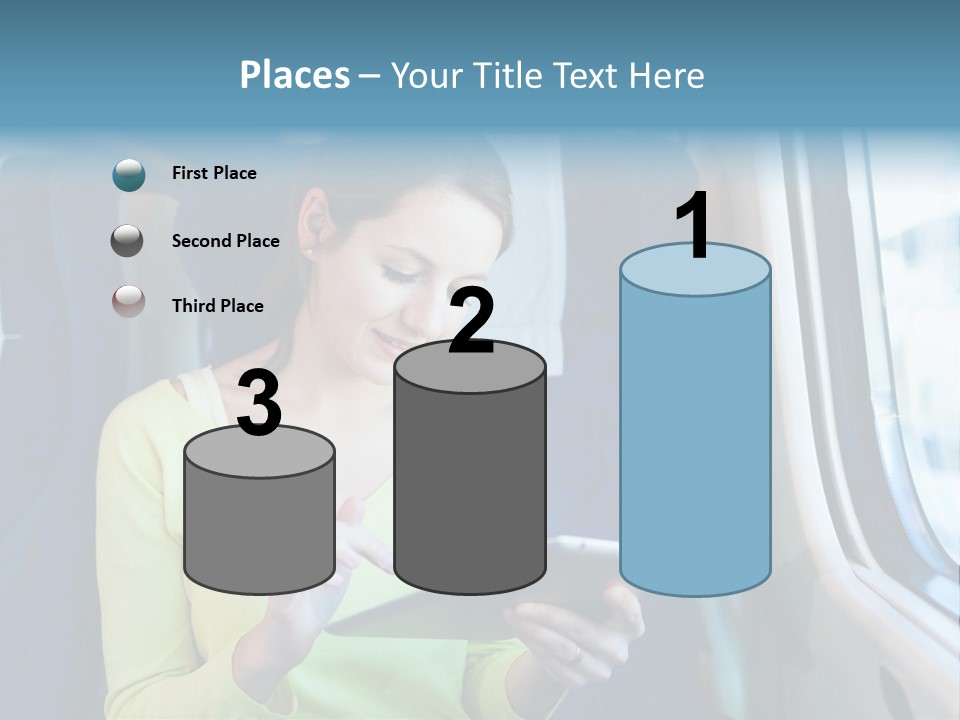 A Woman On A Train Looking At A Tablet PowerPoint Template