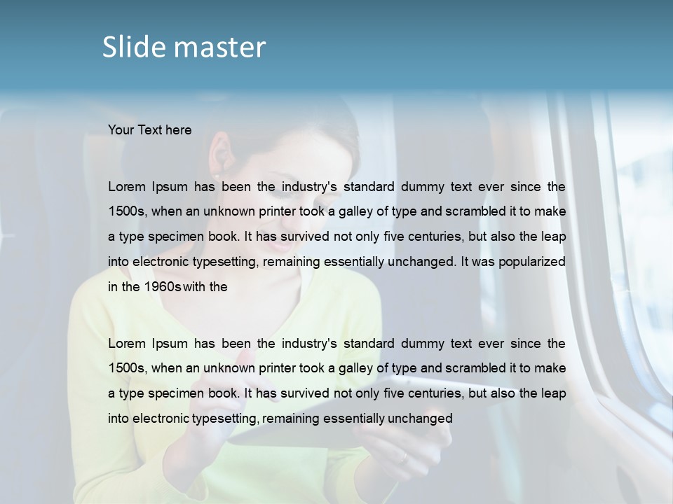 A Woman On A Train Looking At A Tablet PowerPoint Template