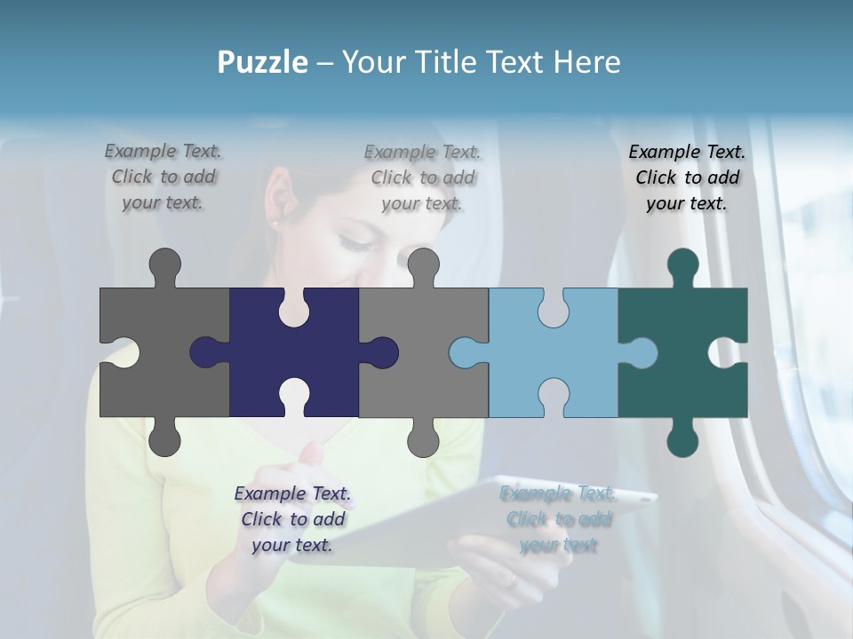 A Woman On A Train Looking At A Tablet PowerPoint Template