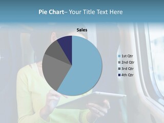 A Woman On A Train Looking At A Tablet PowerPoint Template