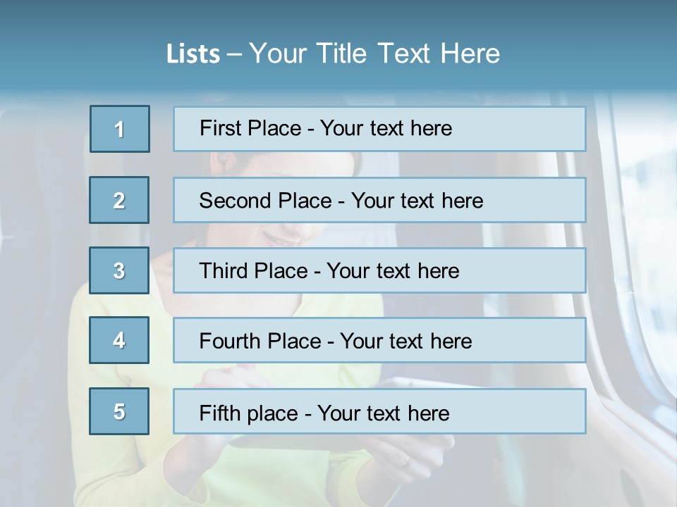 A Woman On A Train Looking At A Tablet PowerPoint Template