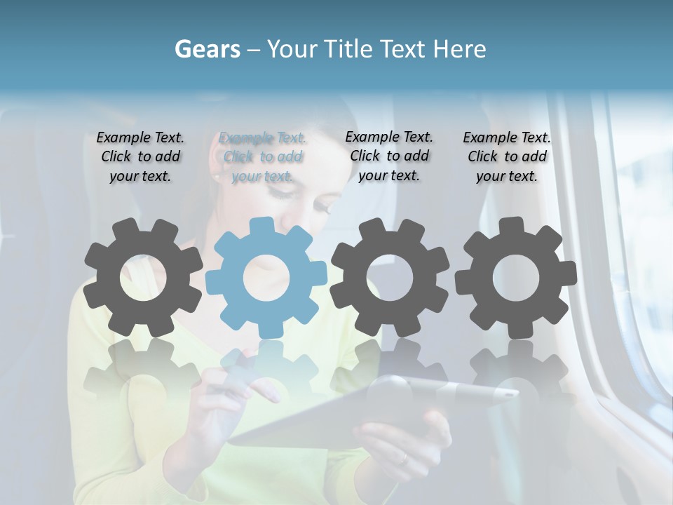 A Woman On A Train Looking At A Tablet PowerPoint Template