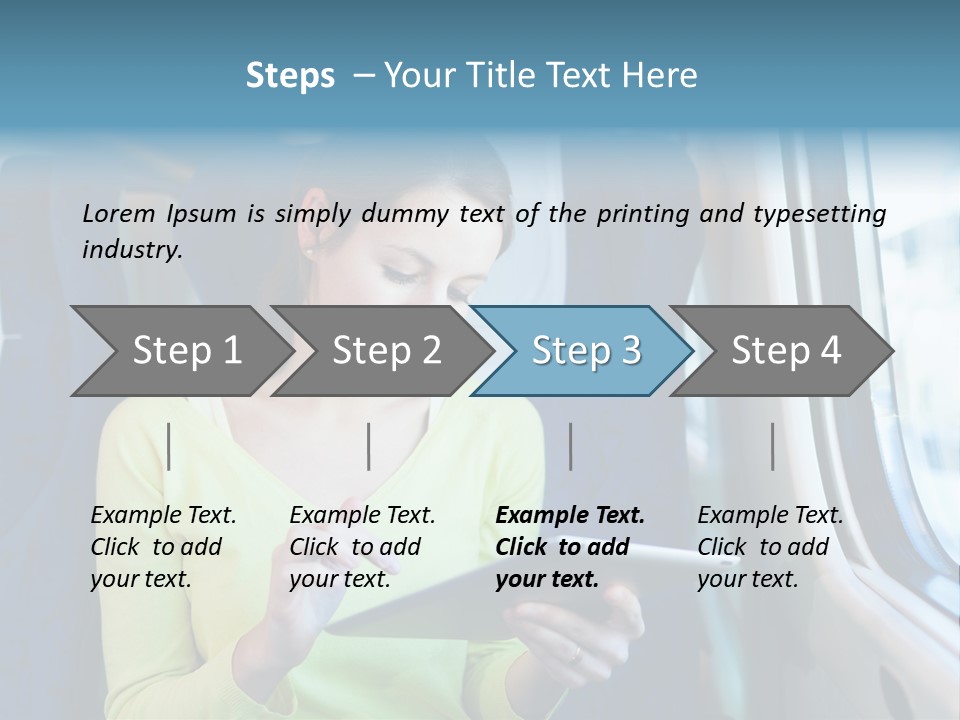 A Woman On A Train Looking At A Tablet PowerPoint Template