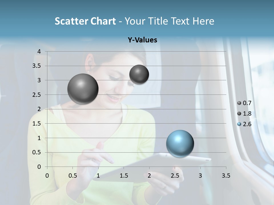 A Woman On A Train Looking At A Tablet PowerPoint Template