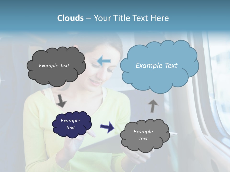 A Woman On A Train Looking At A Tablet PowerPoint Template