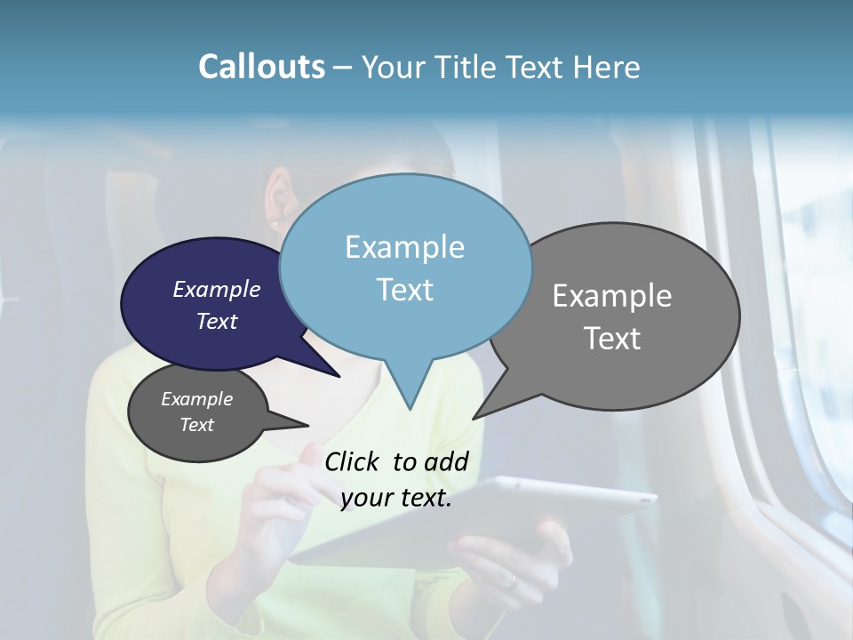 A Woman On A Train Looking At A Tablet PowerPoint Template