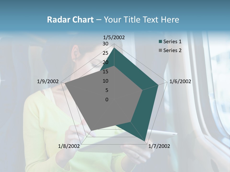 A Woman On A Train Looking At A Tablet PowerPoint Template