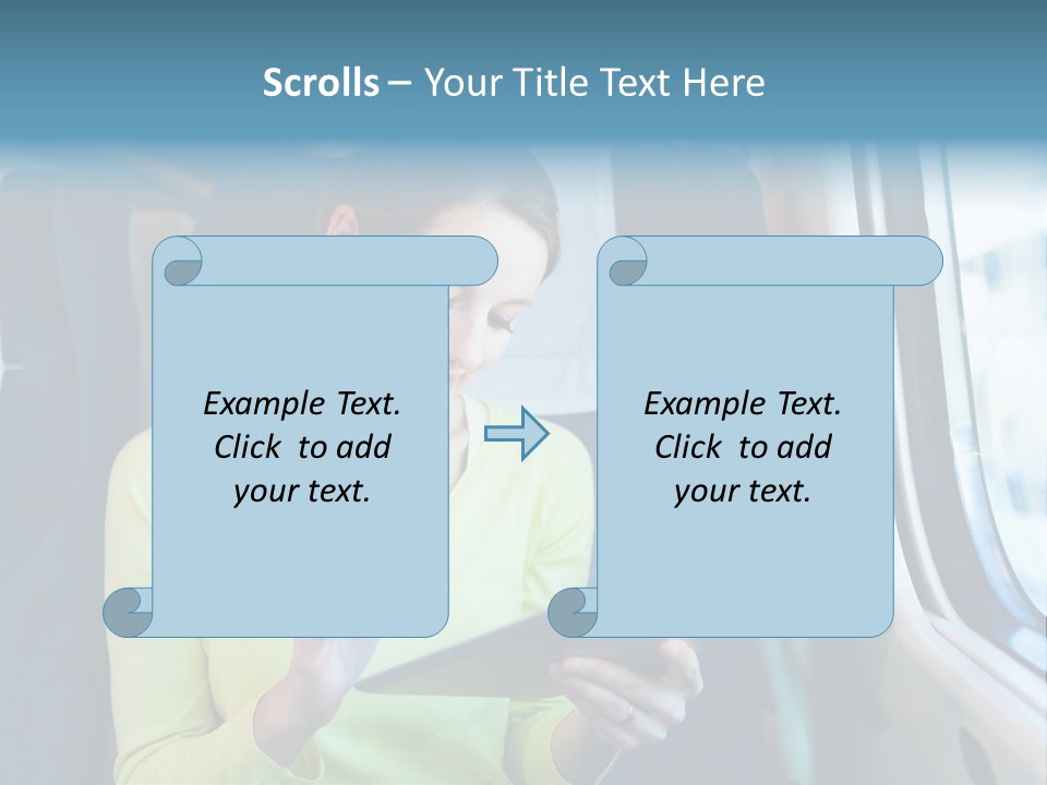 A Woman On A Train Looking At A Tablet PowerPoint Template