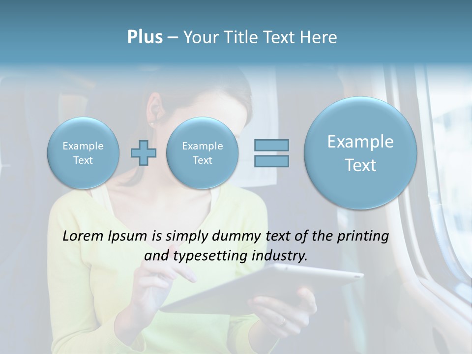 A Woman On A Train Looking At A Tablet PowerPoint Template