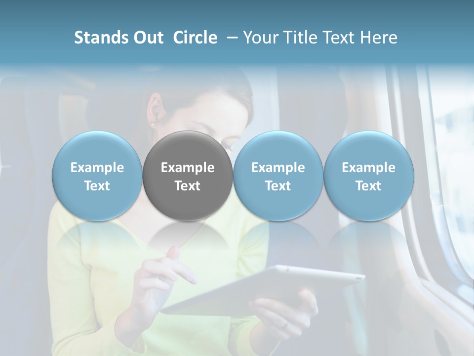 A Woman On A Train Looking At A Tablet PowerPoint Template