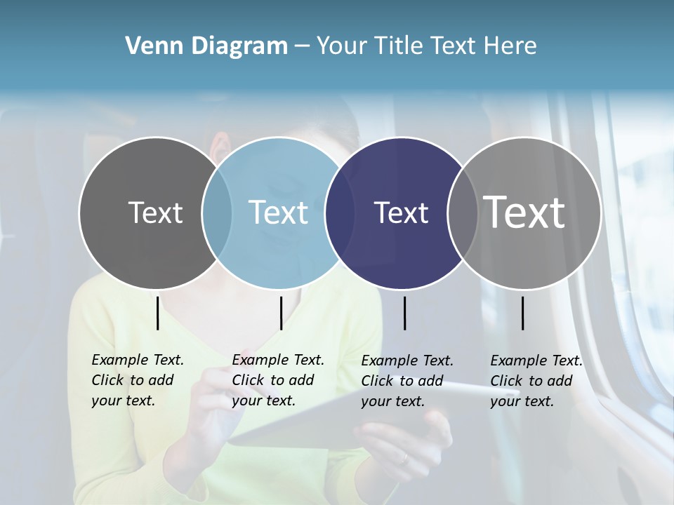 A Woman On A Train Looking At A Tablet PowerPoint Template