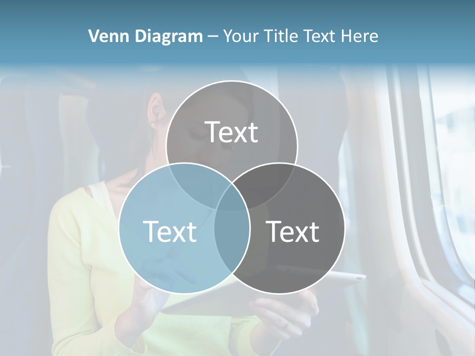 A Woman On A Train Looking At A Tablet PowerPoint Template