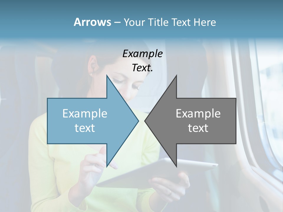 A Woman On A Train Looking At A Tablet PowerPoint Template