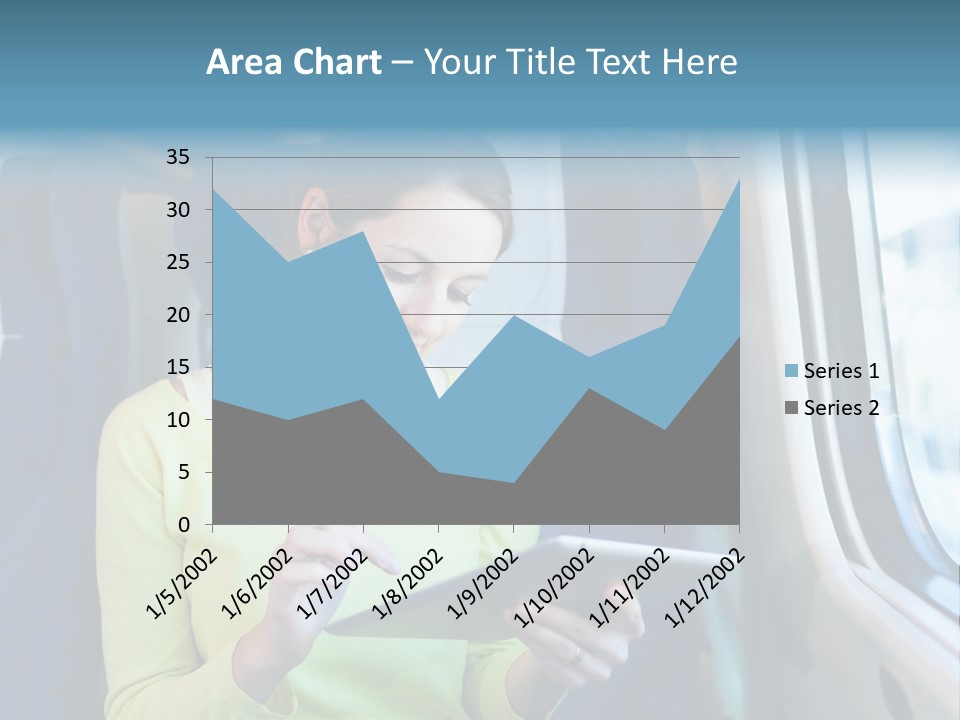 A Woman On A Train Looking At A Tablet PowerPoint Template