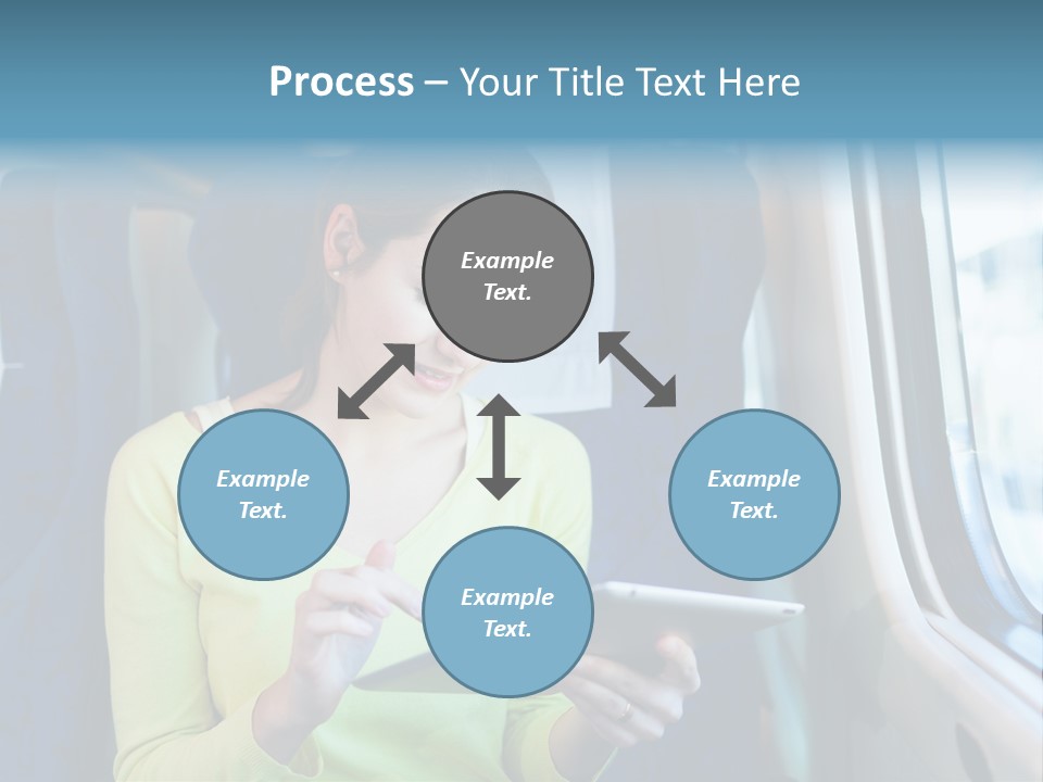 A Woman On A Train Looking At A Tablet PowerPoint Template