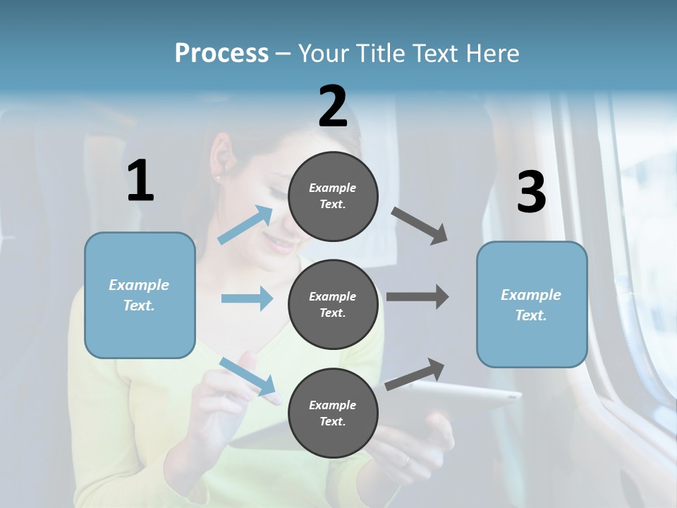 A Woman On A Train Looking At A Tablet PowerPoint Template