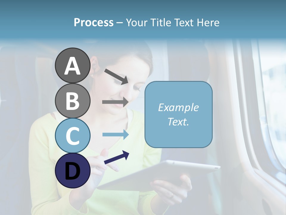 A Woman On A Train Looking At A Tablet PowerPoint Template