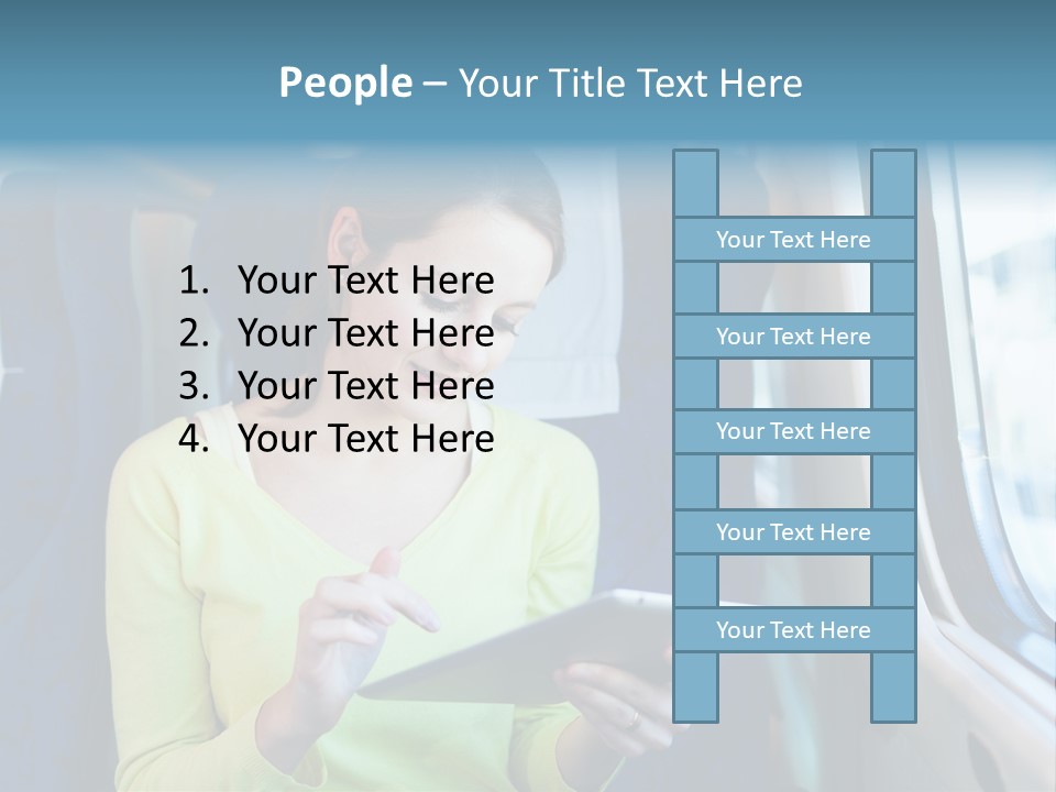 A Woman On A Train Looking At A Tablet PowerPoint Template
