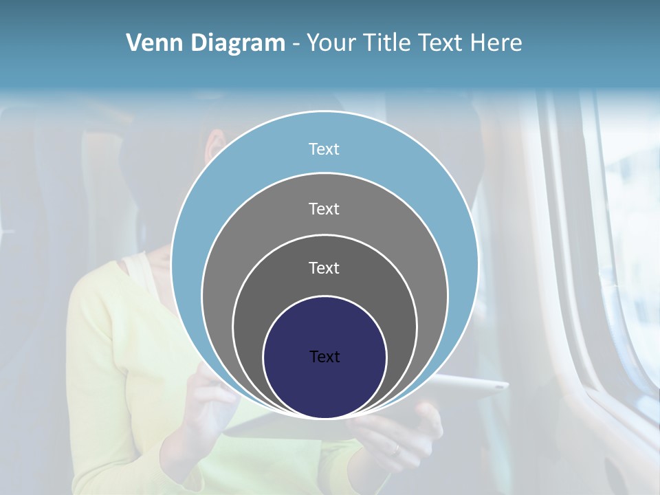 A Woman On A Train Looking At A Tablet PowerPoint Template