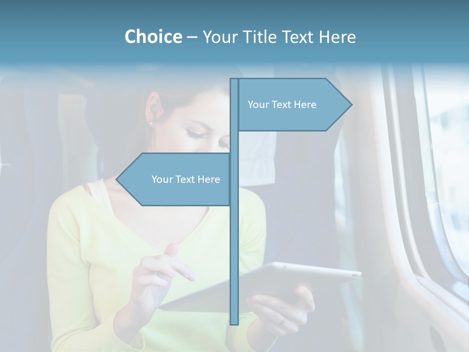 A Woman On A Train Looking At A Tablet PowerPoint Template