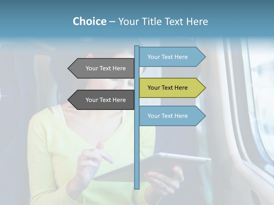 A Woman On A Train Looking At A Tablet PowerPoint Template