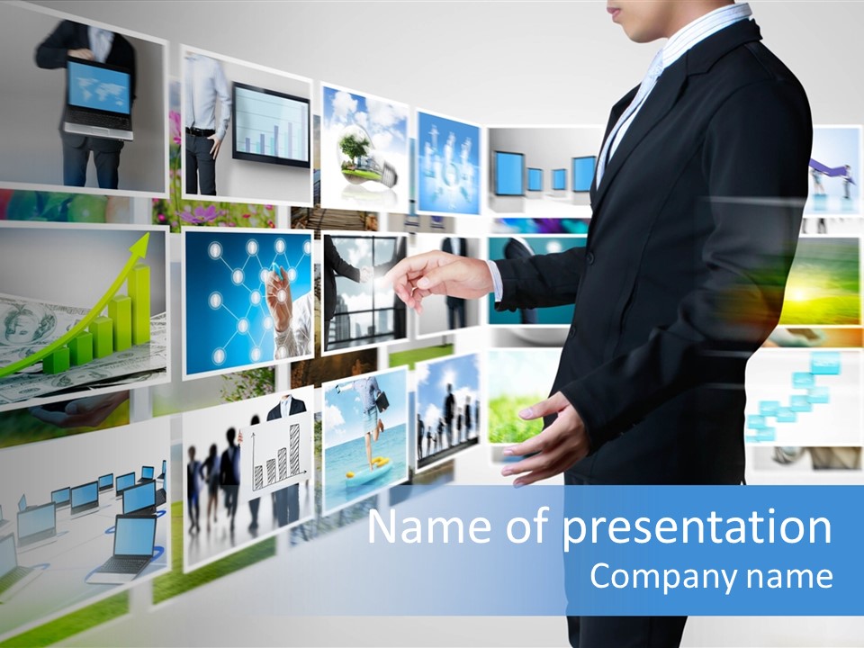 A Man In A Suit Pointing To A Wall Of Business Images PowerPoint Template