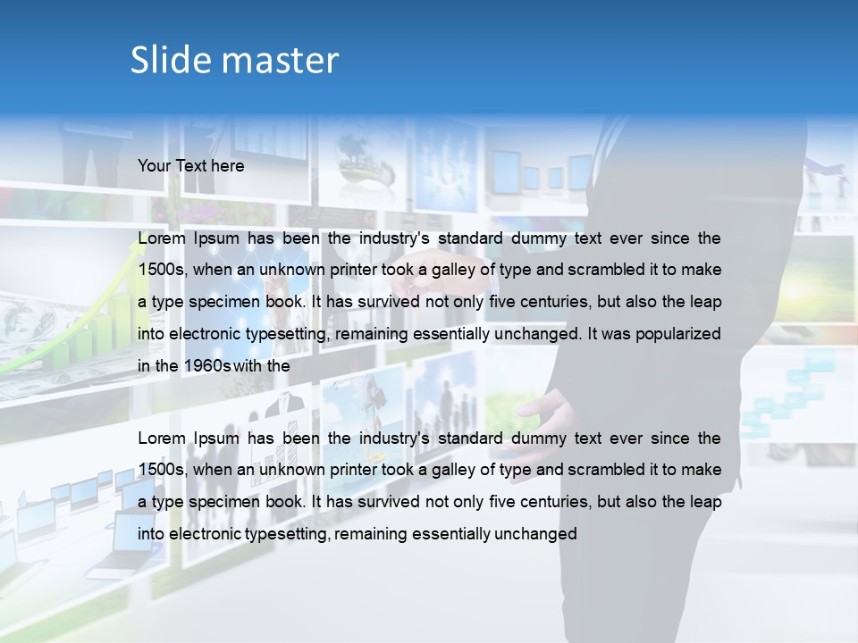 A Man In A Suit Pointing To A Wall Of Business Images PowerPoint Template