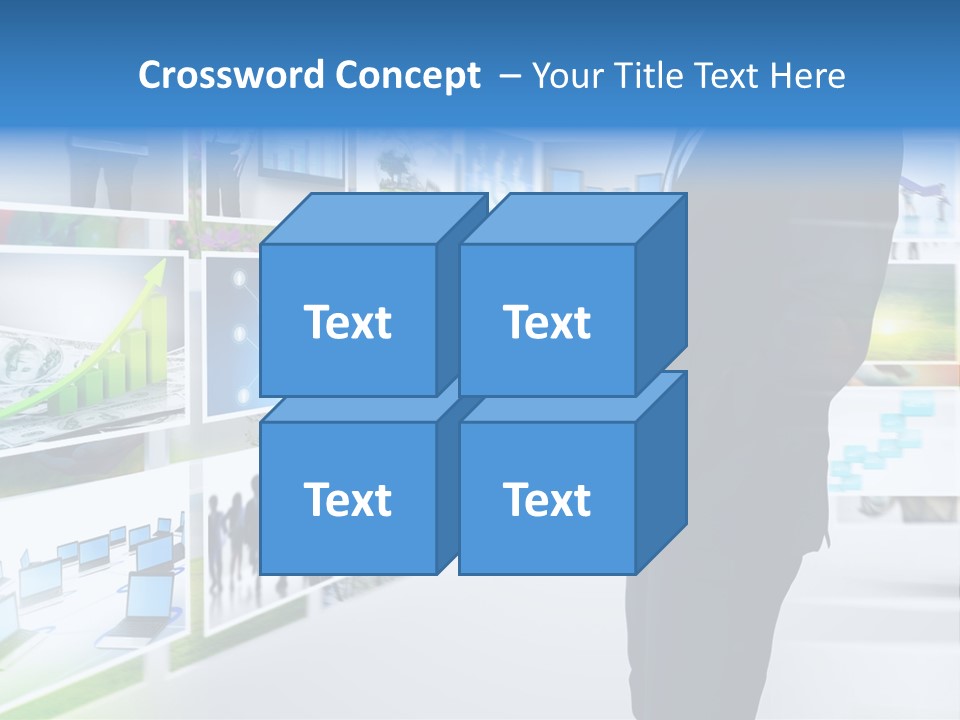 A Man In A Suit Pointing To A Wall Of Business Images PowerPoint Template