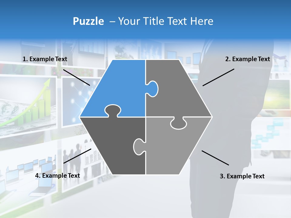 A Man In A Suit Pointing To A Wall Of Business Images PowerPoint Template