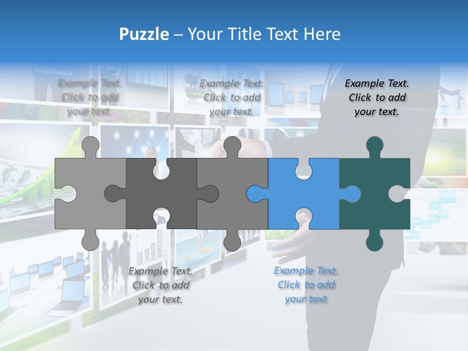 A Man In A Suit Pointing To A Wall Of Business Images PowerPoint Template