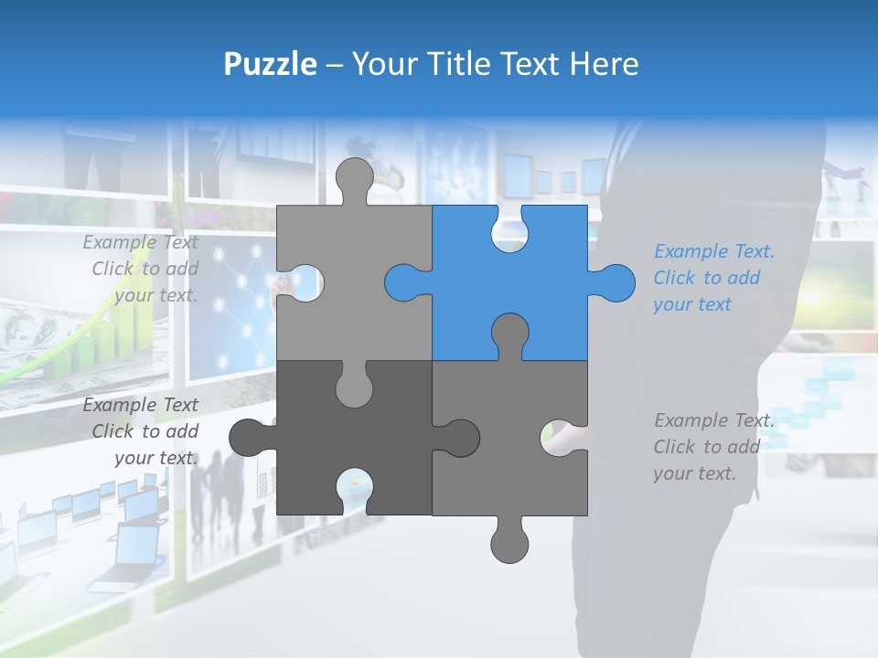 A Man In A Suit Pointing To A Wall Of Business Images PowerPoint Template