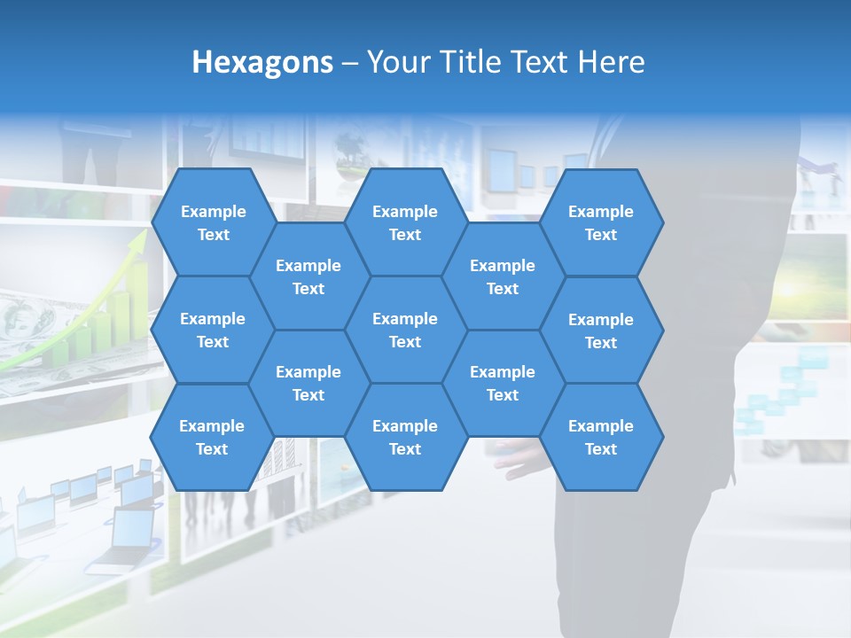 A Man In A Suit Pointing To A Wall Of Business Images PowerPoint Template