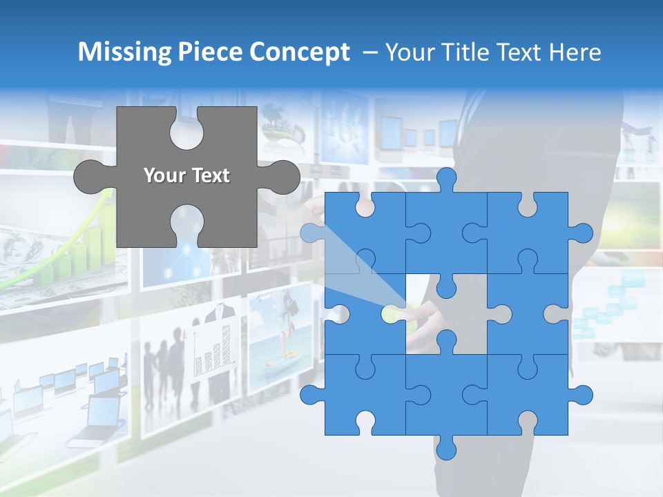 A Man In A Suit Pointing To A Wall Of Business Images PowerPoint Template