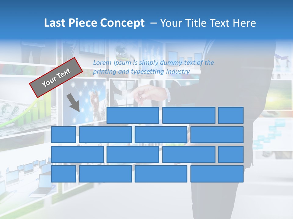 A Man In A Suit Pointing To A Wall Of Business Images PowerPoint Template