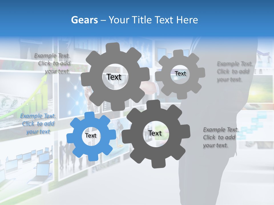 A Man In A Suit Pointing To A Wall Of Business Images PowerPoint Template