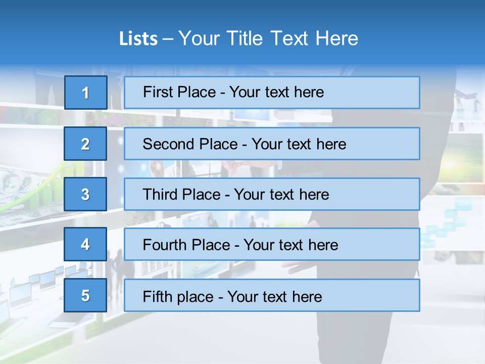 A Man In A Suit Pointing To A Wall Of Business Images PowerPoint Template