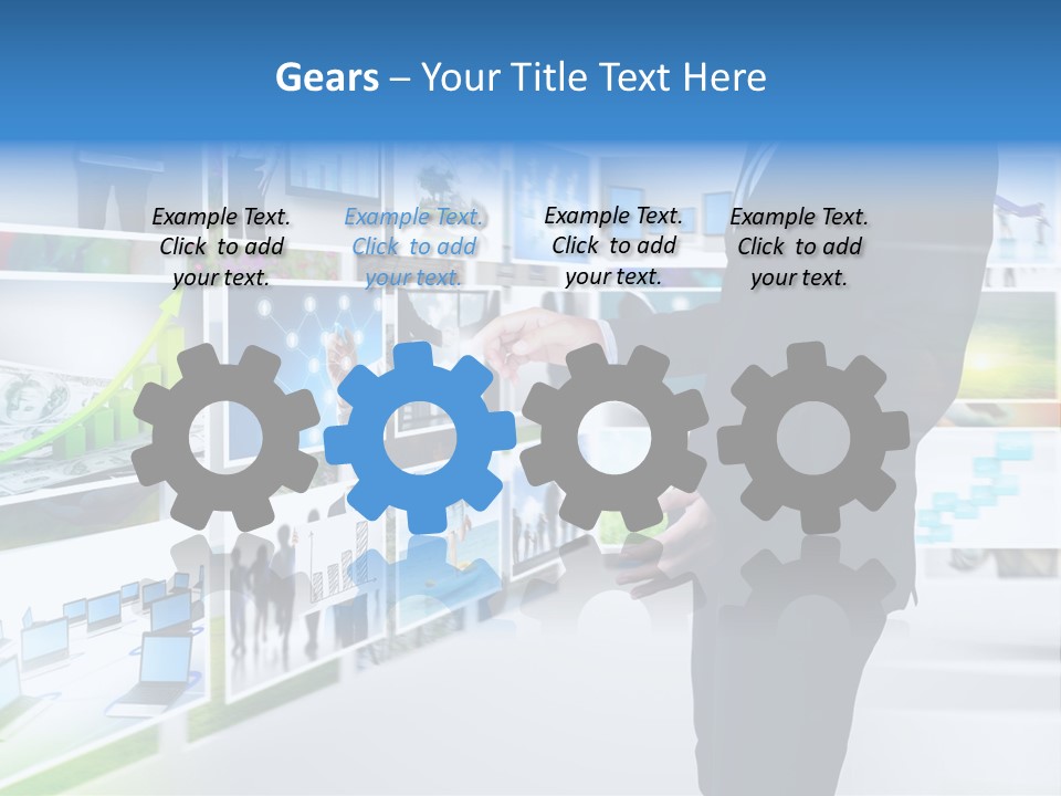 A Man In A Suit Pointing To A Wall Of Business Images PowerPoint Template